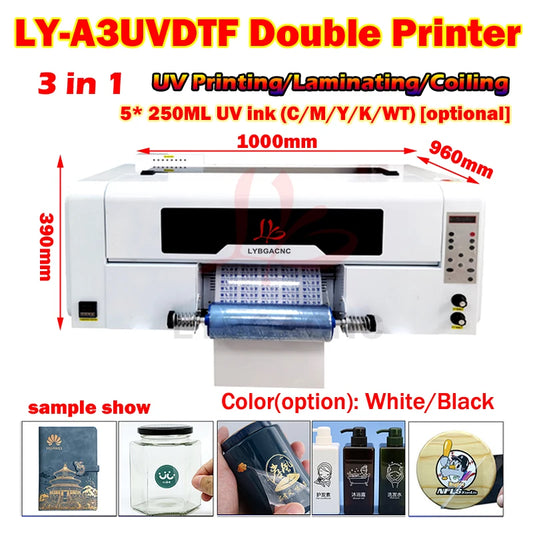 3 In 1 Multifunctional Crystal Label Printing Laminating Coiling Machine A3 UV DTF Double Printer for Phone Cases Metal T-shirt